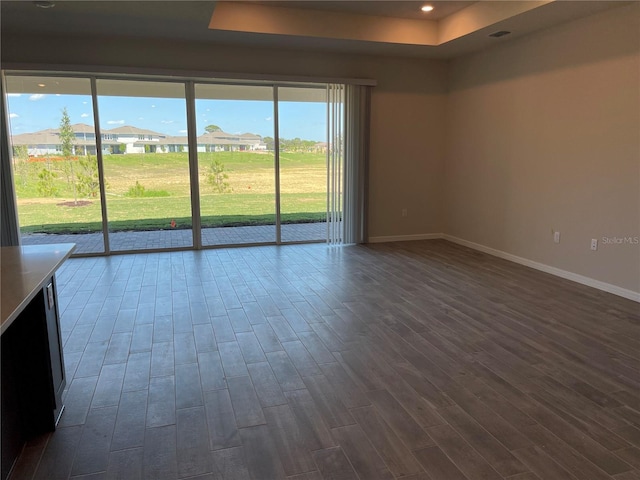 unfurnished room featuring dark wood-type flooring and a raised ceiling