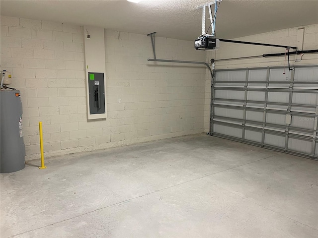 garage with electric panel, water heater, and a garage door opener