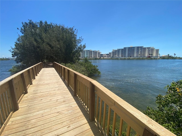 view of dock with a water view