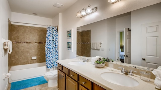 full bathroom with dual bowl vanity, tile patterned floors, shower / bath combination with curtain, and toilet