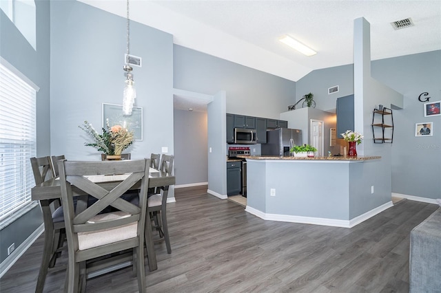 dining room featuring dark hardwood / wood-style flooring and high vaulted ceiling