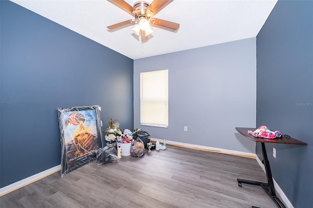 recreation room with ceiling fan and hardwood / wood-style floors