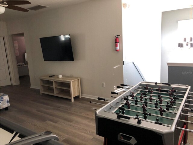 game room featuring ceiling fan and hardwood / wood-style floors