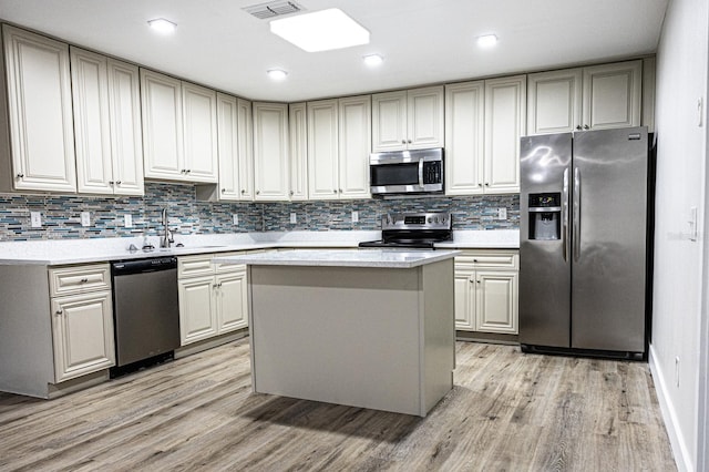 kitchen with backsplash, stainless steel appliances, light hardwood / wood-style floors, sink, and a kitchen island