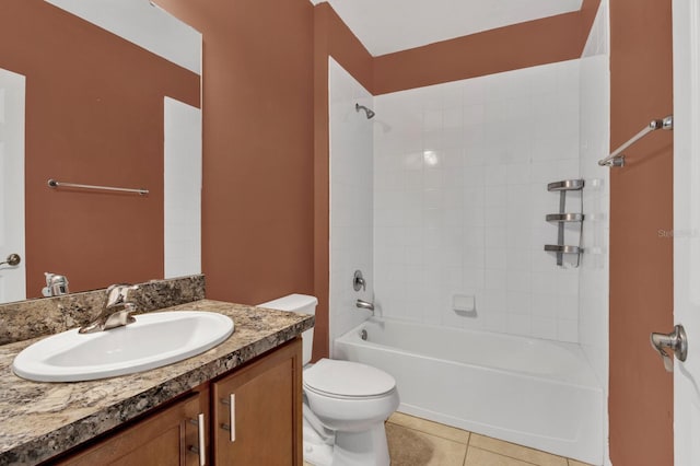 full bathroom with toilet, tiled shower / bath, vanity, and tile patterned flooring