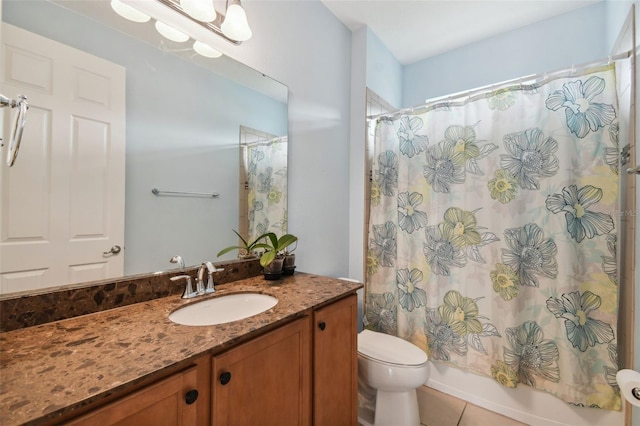 full bathroom with tile patterned flooring, vanity, toilet, and shower / tub combo