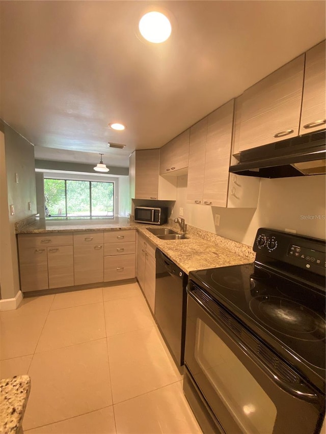 kitchen with black / electric stove, light stone counters, dishwasher, light tile patterned floors, and sink