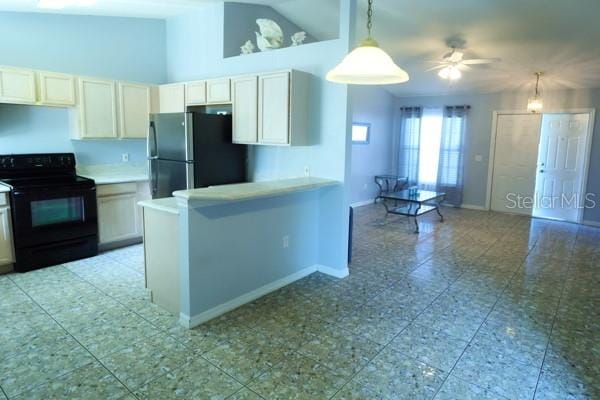 kitchen with range with electric stovetop, ceiling fan, tile patterned flooring, and stainless steel refrigerator