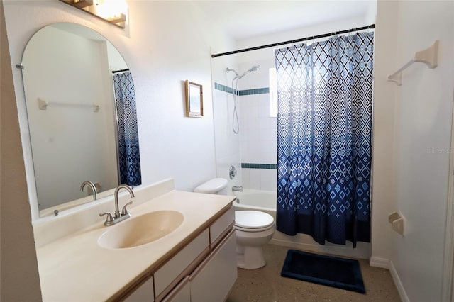 full bathroom with toilet, shower / bathtub combination with curtain, and vanity