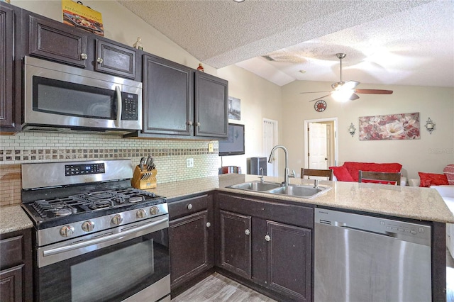 kitchen featuring lofted ceiling, sink, decorative backsplash, kitchen peninsula, and stainless steel appliances