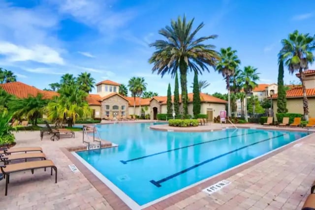 view of swimming pool featuring a patio area