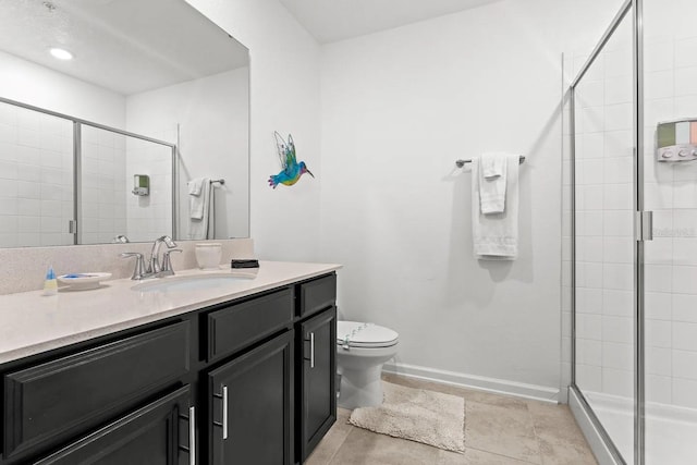 bathroom featuring tile patterned flooring, a shower with door, toilet, and vanity