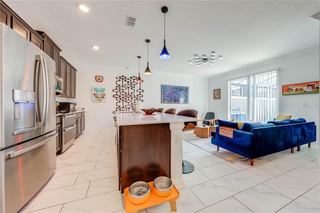 kitchen with visible vents, open floor plan, marble finish floor, light countertops, and stainless steel refrigerator with ice dispenser