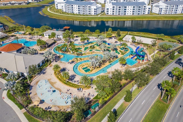 birds eye view of property featuring a water view