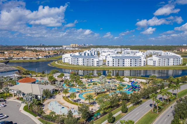 aerial view with a water view and a view of city