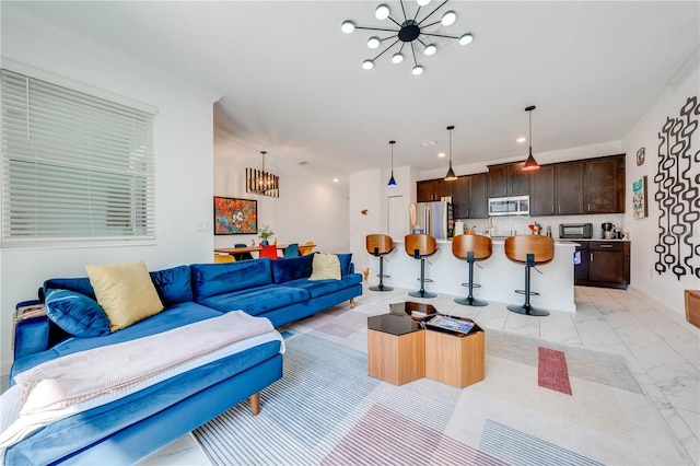 living room with marble finish floor, a toaster, recessed lighting, a chandelier, and baseboards