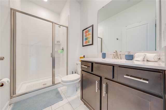 full bathroom with toilet, a stall shower, tile patterned flooring, and vanity