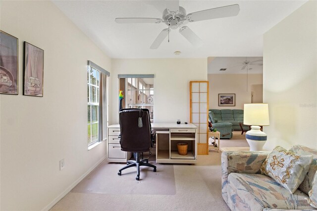 office with ceiling fan and carpet flooring