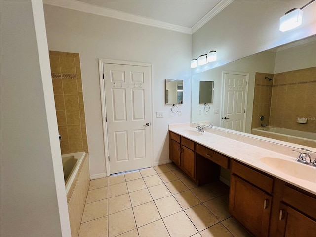 bathroom featuring tiled shower / bath, ornamental molding, double vanity, and tile patterned floors