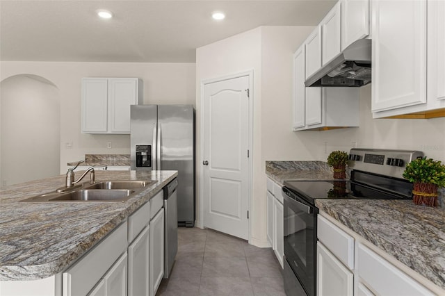 kitchen featuring ventilation hood, appliances with stainless steel finishes, sink, and white cabinets