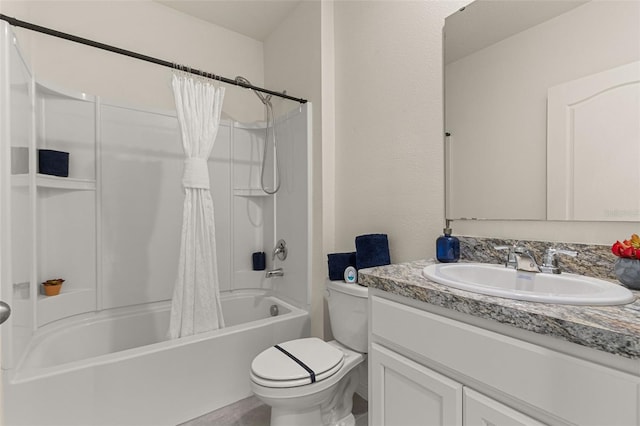 full bathroom with vanity, toilet, and shower / tub combo with curtain