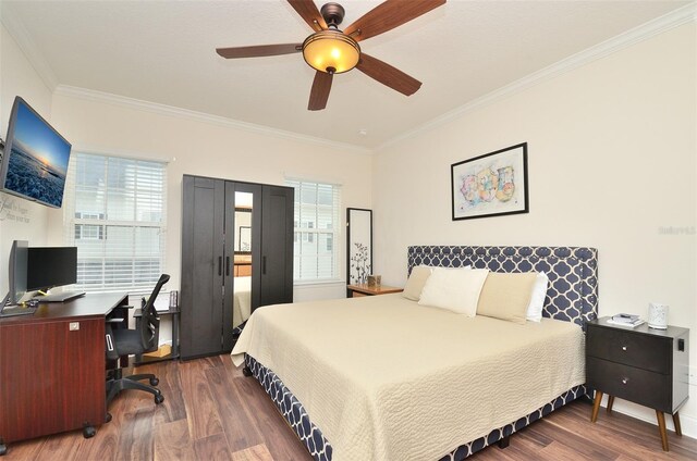 bedroom featuring ornamental molding, dark hardwood / wood-style floors, and ceiling fan