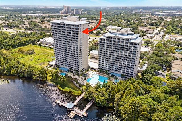 birds eye view of property featuring a water view