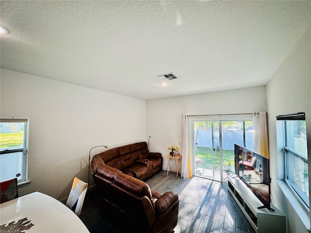 living room with a textured ceiling