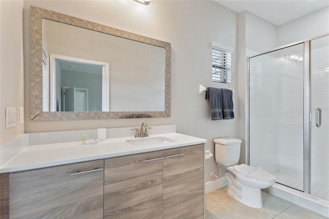 bathroom with tile patterned flooring, vanity, toilet, and walk in shower