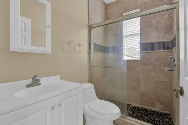 bathroom with vanity, toilet, and a shower with shower door