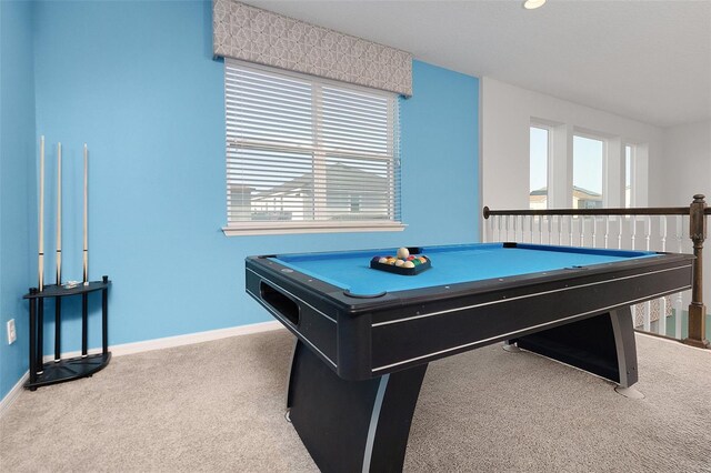 recreation room featuring carpet and billiards