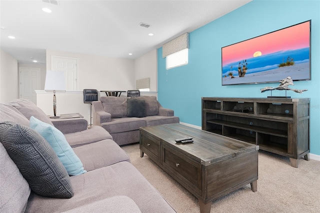 living room featuring light carpet, visible vents, recessed lighting, and baseboards