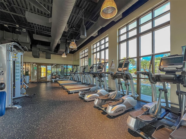 exercise room featuring a high ceiling