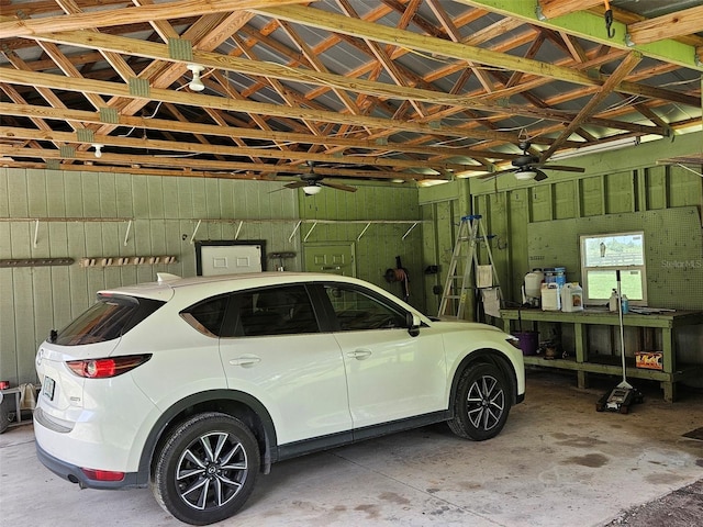 garage with ceiling fan