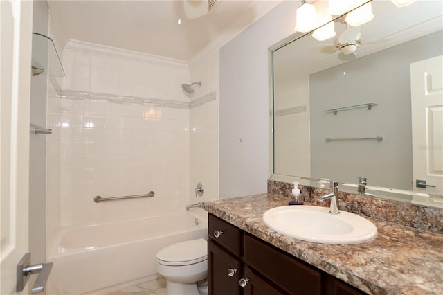 bathroom featuring toilet, marble finish floor, a ceiling fan, shower / bathing tub combination, and vanity