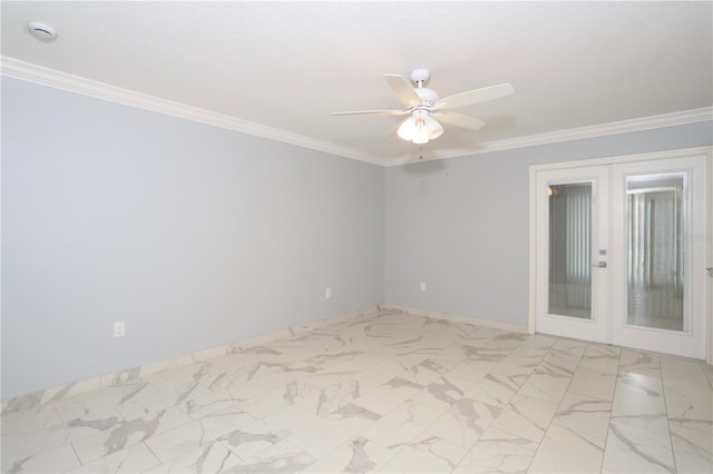 unfurnished room with ceiling fan, french doors, marble finish floor, and ornamental molding