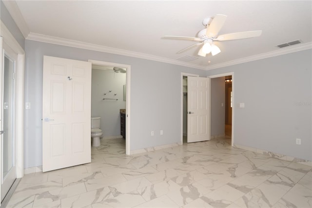 unfurnished bedroom featuring baseboards, visible vents, marble finish floor, and ornamental molding