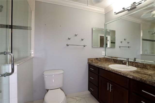 bathroom with a stall shower, toilet, marble finish floor, and ornamental molding