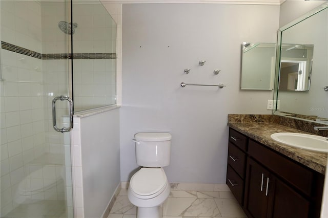 full bath with vanity, baseboards, a shower stall, toilet, and marble finish floor