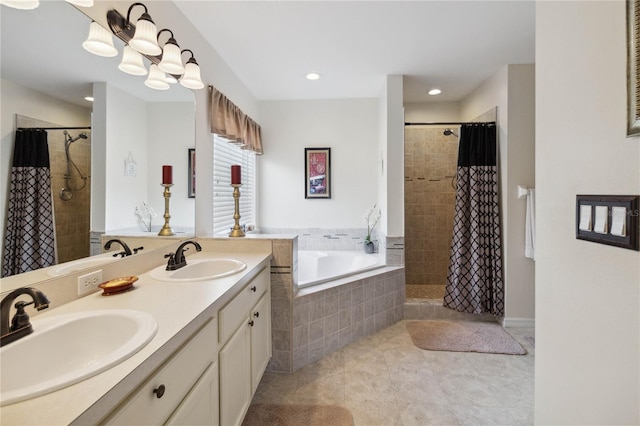 241 Grosvenor Loop, Davenport, FL 33897 - bathroom with a tile shower, tile patterned flooring, a garden tub, double vanity, and recessed lighting