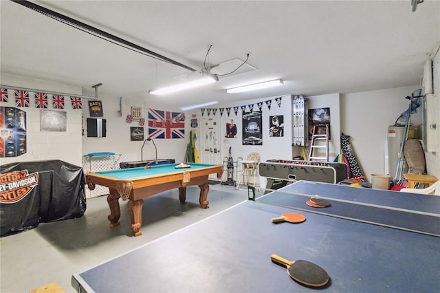 game room featuring gas water heater, pool table, and concrete flooring