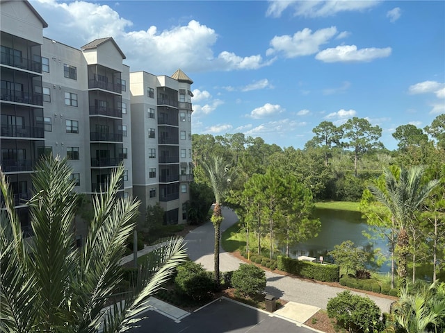 exterior space with a water view