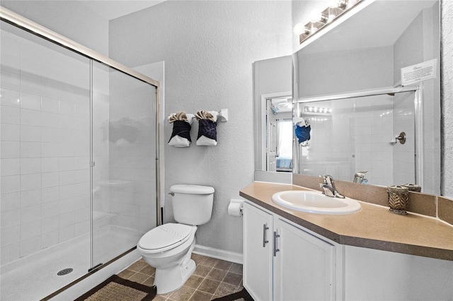 bathroom with tile patterned floors, an enclosed shower, vanity, and toilet