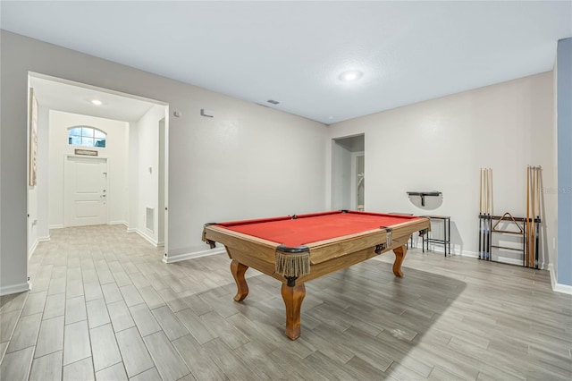 playroom with billiards and light wood-type flooring