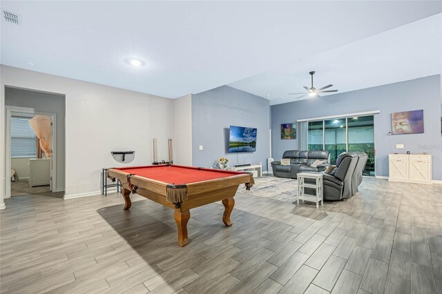 playroom with ceiling fan, pool table, and light hardwood / wood-style floors