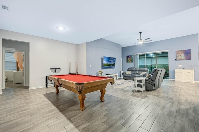 rec room featuring visible vents, baseboards, wood tiled floor, billiards, and a ceiling fan