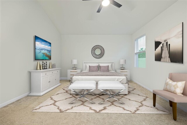 bedroom with lofted ceiling, ceiling fan, and light colored carpet