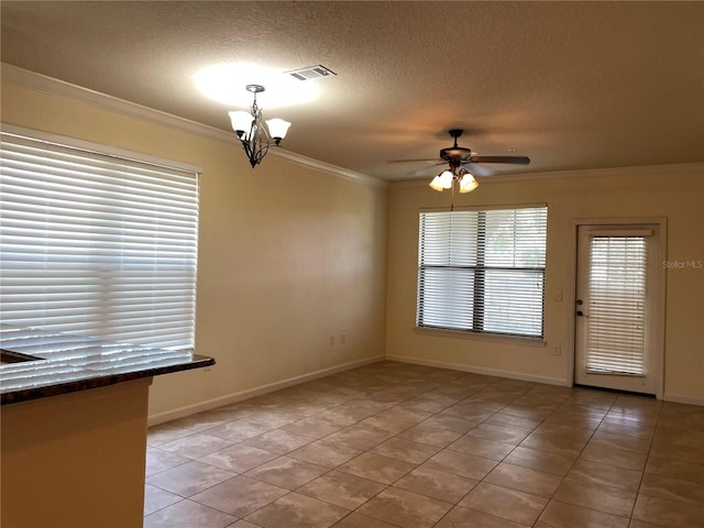 empty room with ornamental molding, a textured ceiling, ceiling fan with notable chandelier, and light tile patterned floors