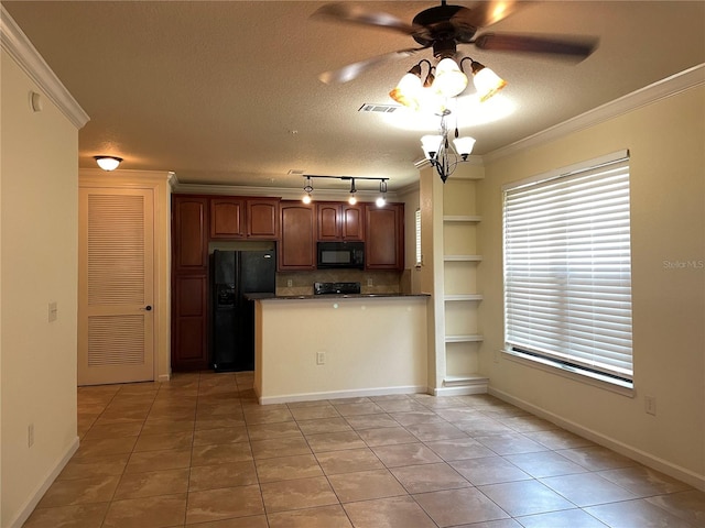 kitchen featuring kitchen peninsula, rail lighting, black appliances, and light tile patterned floors