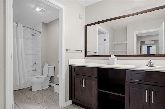 bathroom featuring toilet, shower / tub combo, double vanity, and a sink